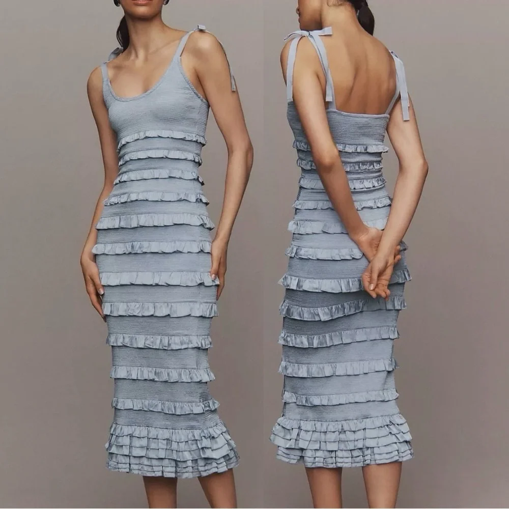 V. Chapman Lotus Ruffle Bodycon Tie Sleeve Midi Dress in Arctic Ice 10 NWT - Picture 1 of 9